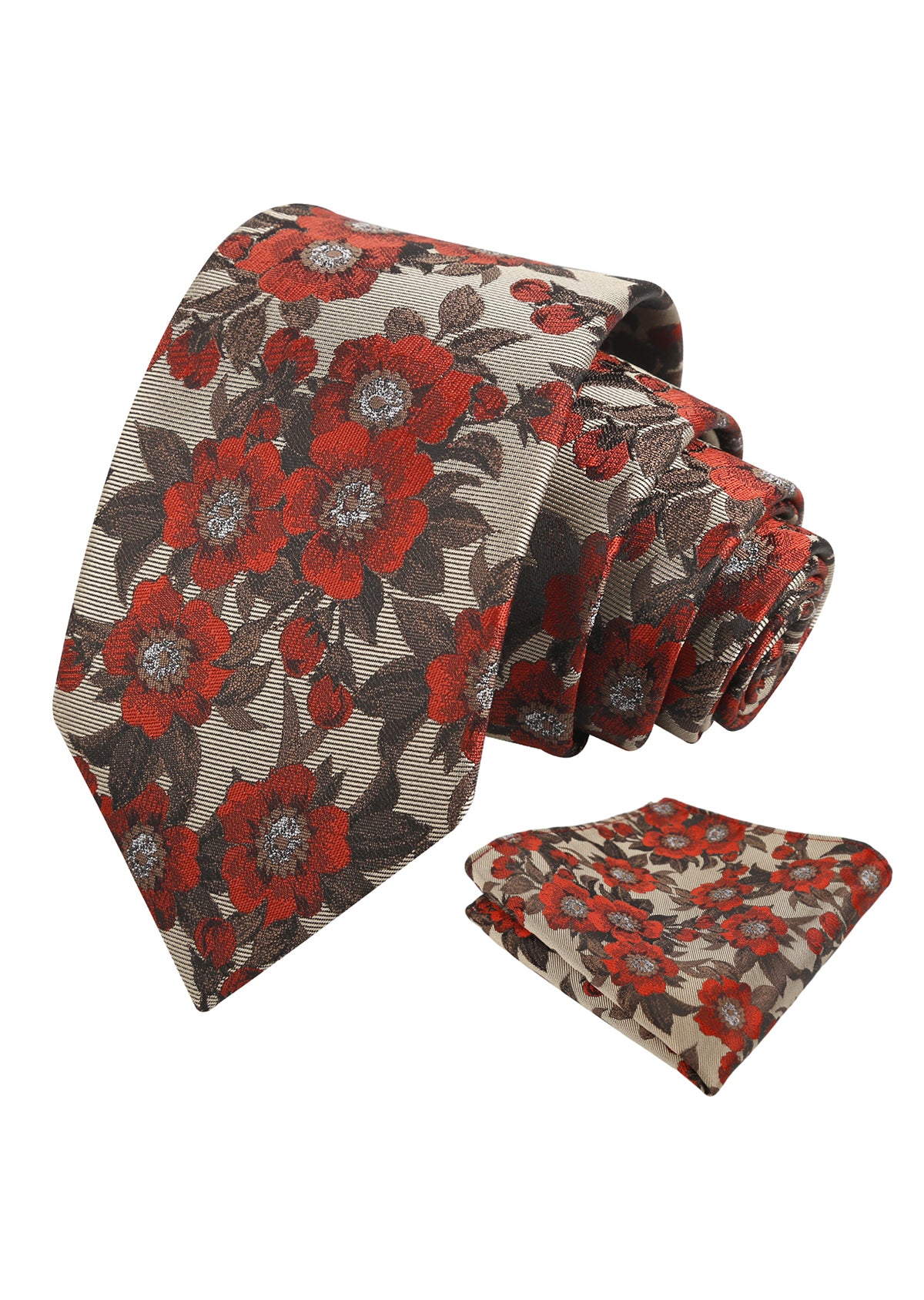 Mens Vintage Camellia Floral Tie Set with Pocket Square in Subdued Tones-942
