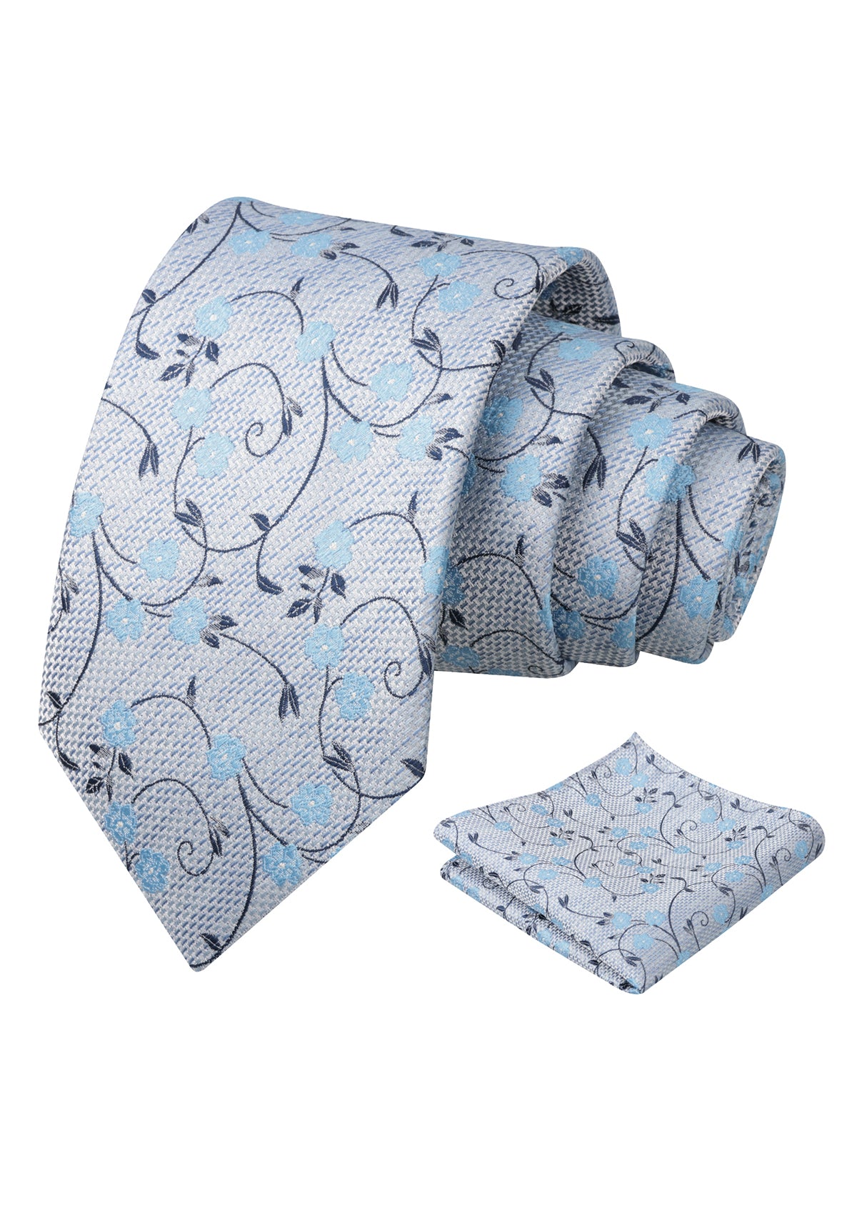 Mens Floral Tie Set 3.15 Inch with Textured Vine Pattern and Pocket Square-931