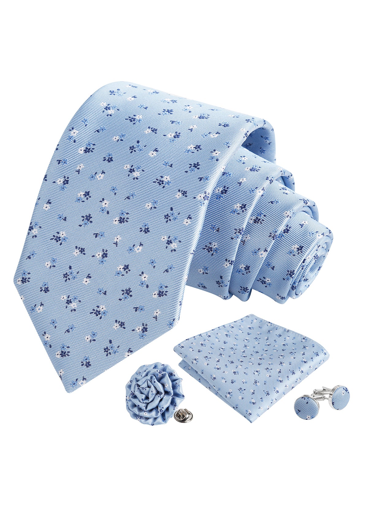 Mens 4pcs Ditsy Floral Pattern Necktie, Pocket Square, Cufflinks and Boutonniere Set-958
