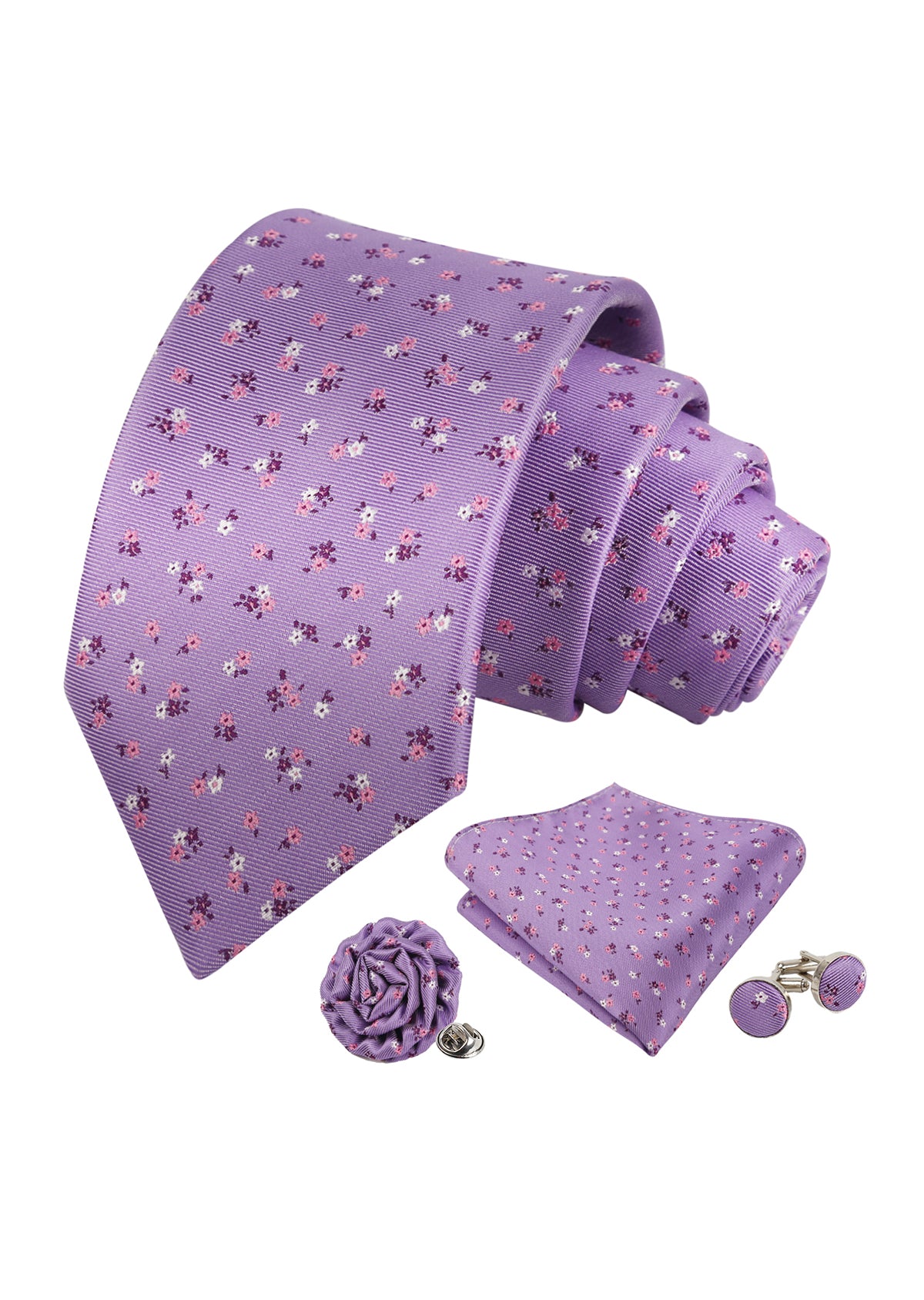 Mens 4pcs Ditsy Floral Pattern Necktie, Pocket Square, Cufflinks and Boutonniere Set-958