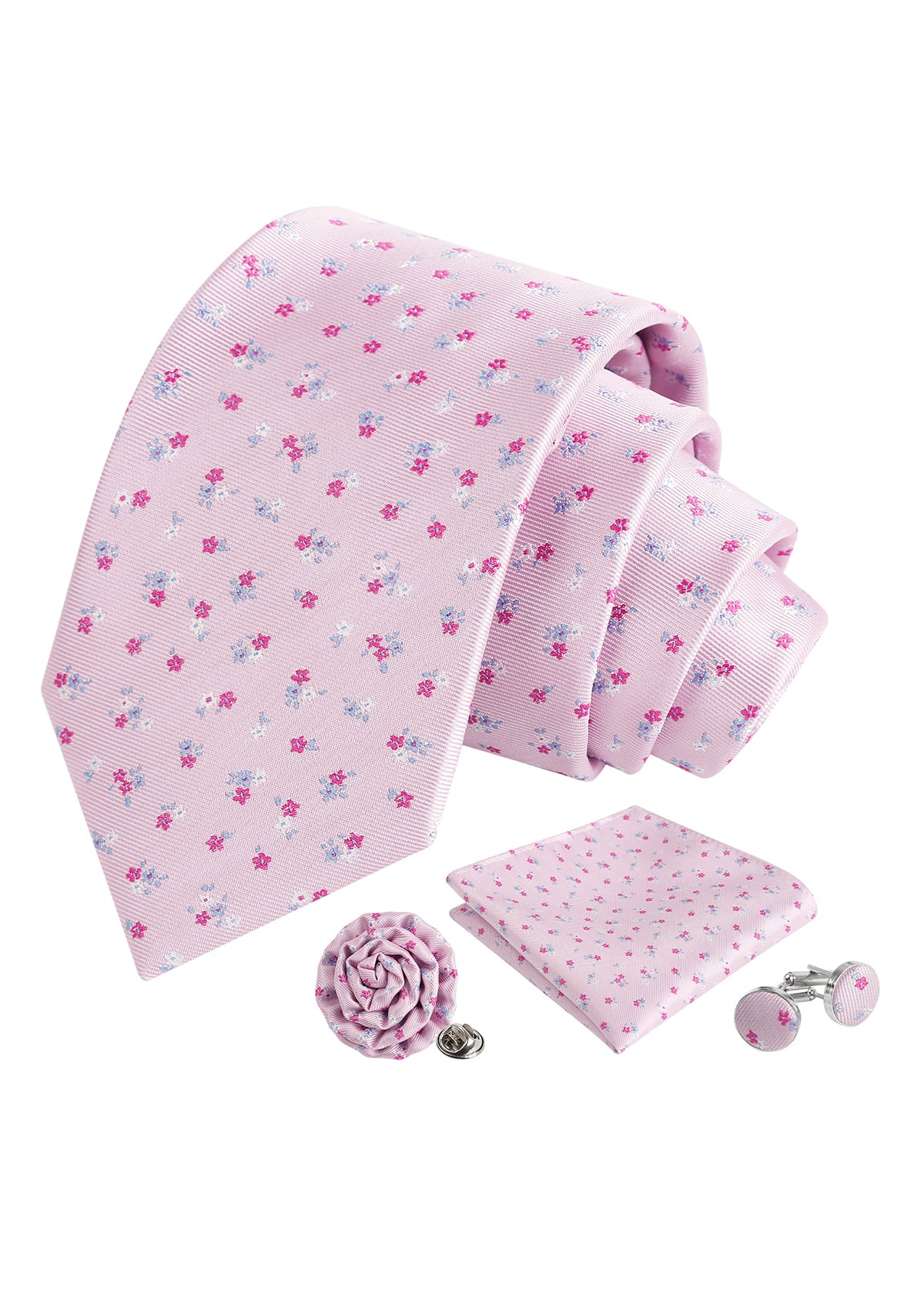 Mens 4pcs Ditsy Floral Pattern Necktie, Pocket Square, Cufflinks and Boutonniere Set-958
