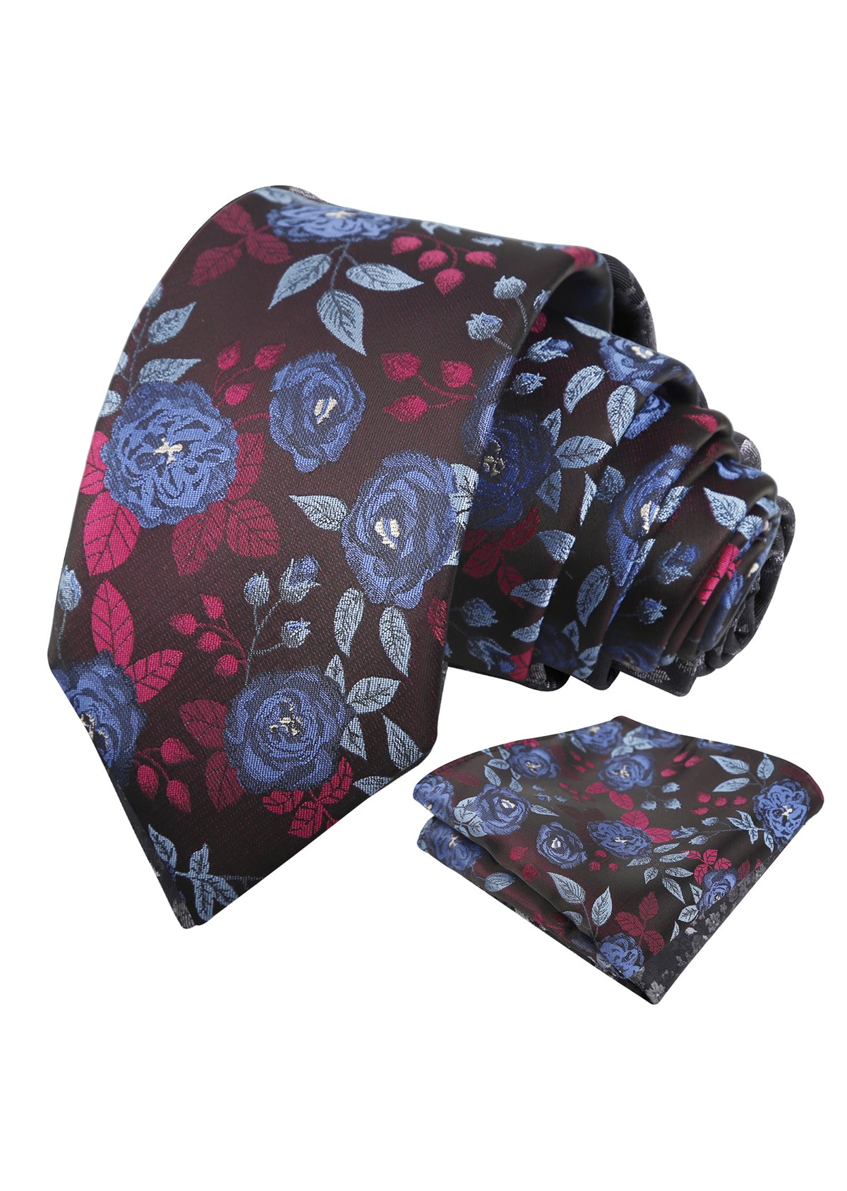Mens 3.15'' Classic Rose and Foliage Pattern Necktie with Pocket Square for Wedding-948