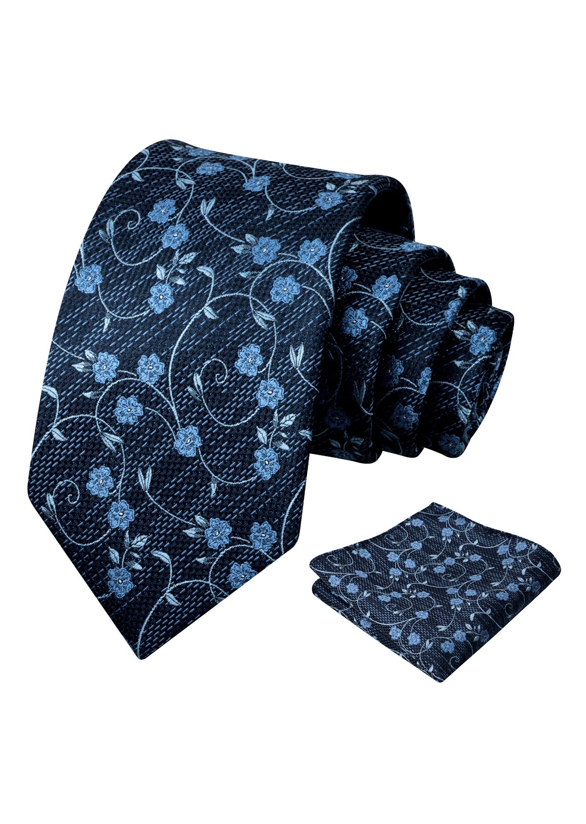 Mens Floral Tie Set 3.15 Inch with Textured Vine Pattern and Pocket Square-931