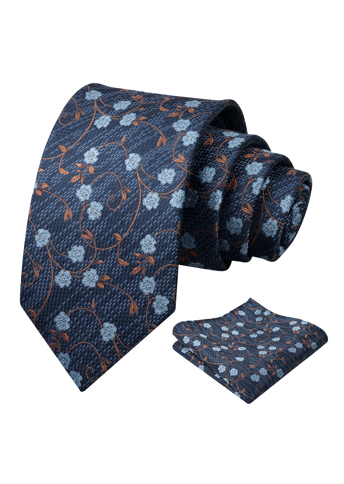 Mens Floral Tie Set 3.15 Inch with Textured Vine Pattern and Pocket Square-931