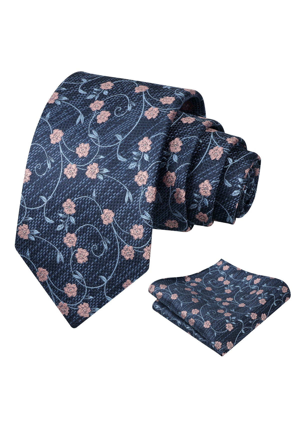 Mens Floral Tie Set 3.15 Inch with Textured Vine Pattern and Pocket Square-931