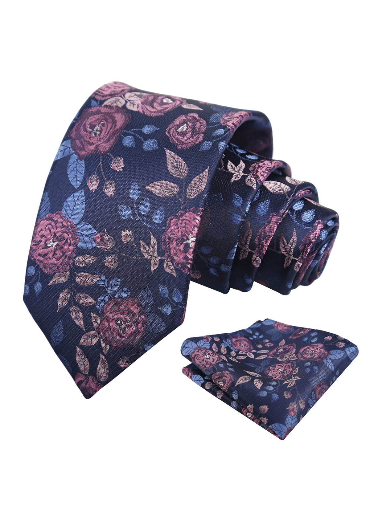 Mens 3.15'' Classic Rose and Foliage Pattern Necktie with Pocket Square for Wedding-948