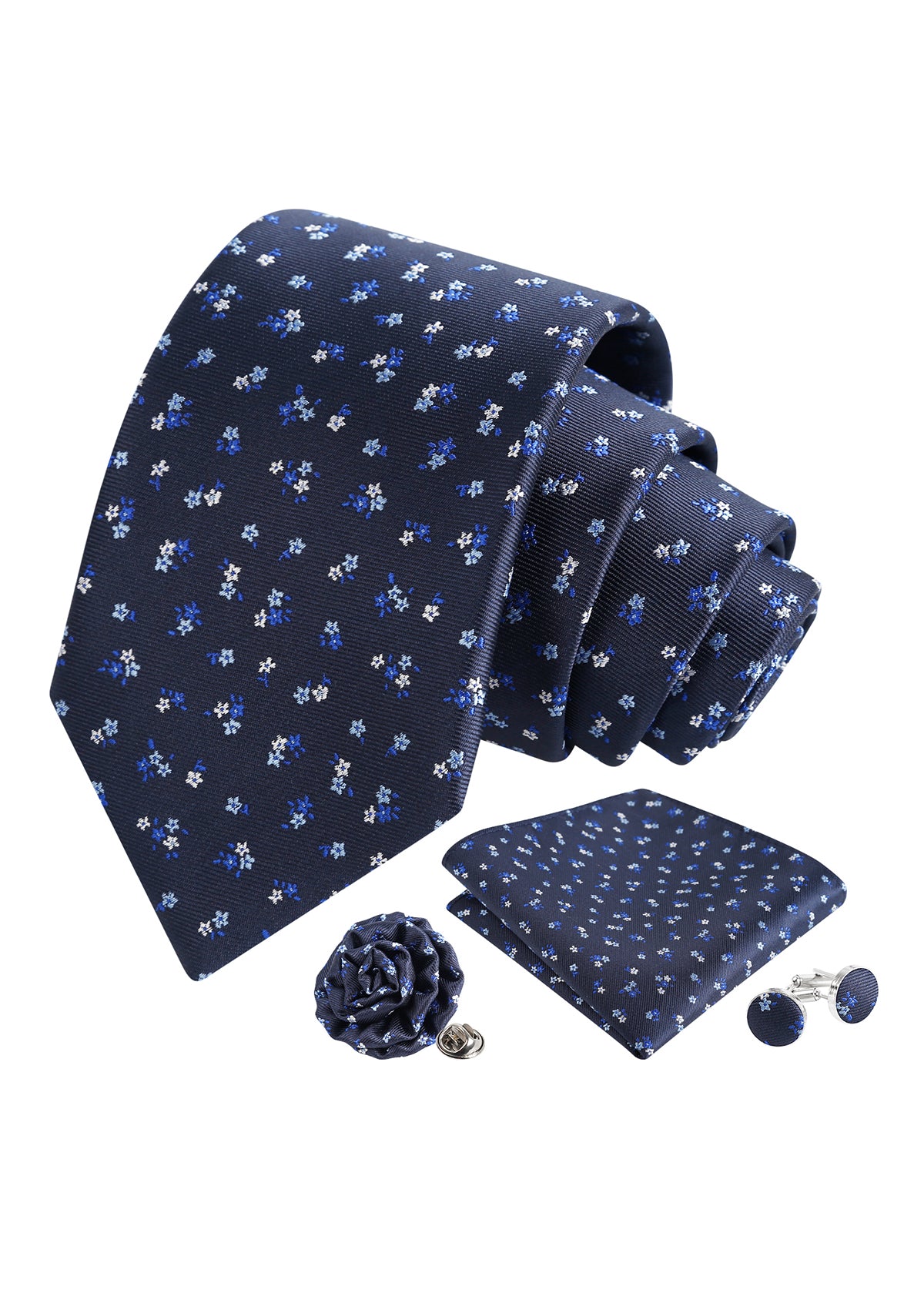 Mens 4pcs Ditsy Floral Pattern Necktie, Pocket Square, Cufflinks and Boutonniere Set-958