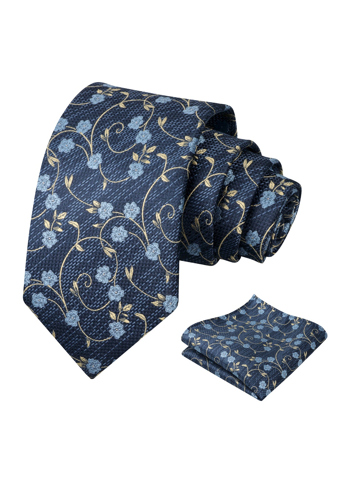 Mens Floral Tie Set 3.15 Inch with Textured Vine Pattern and Pocket Square-931