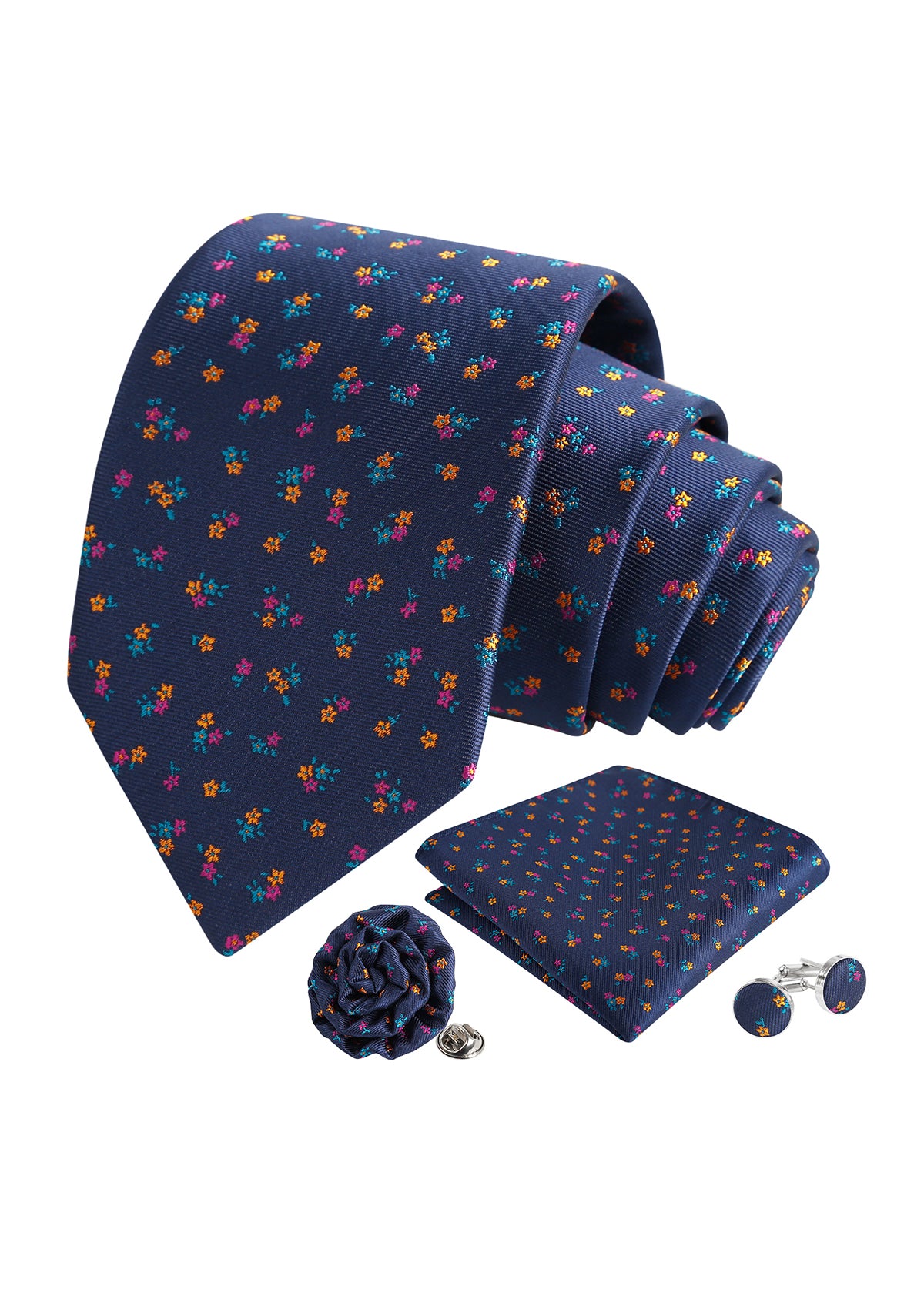 Mens 4pcs Ditsy Floral Pattern Necktie, Pocket Square, Cufflinks and Boutonniere Set-958