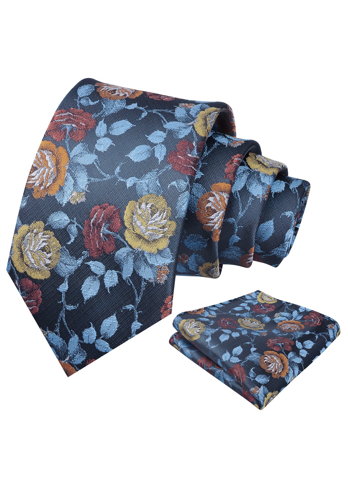 Mens 3.15'' Classic Rose and Foliage Pattern Necktie with Pocket Square for Wedding-947