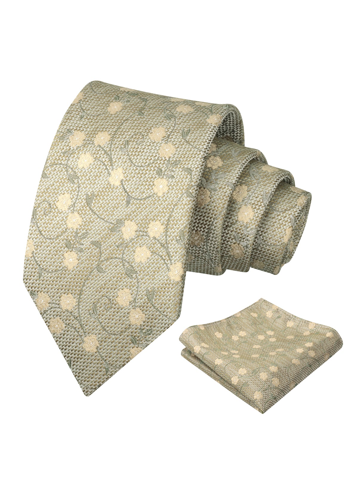 Mens Floral Tie Set 3.15 Inch with Textured Vine Pattern and Pocket Square-931