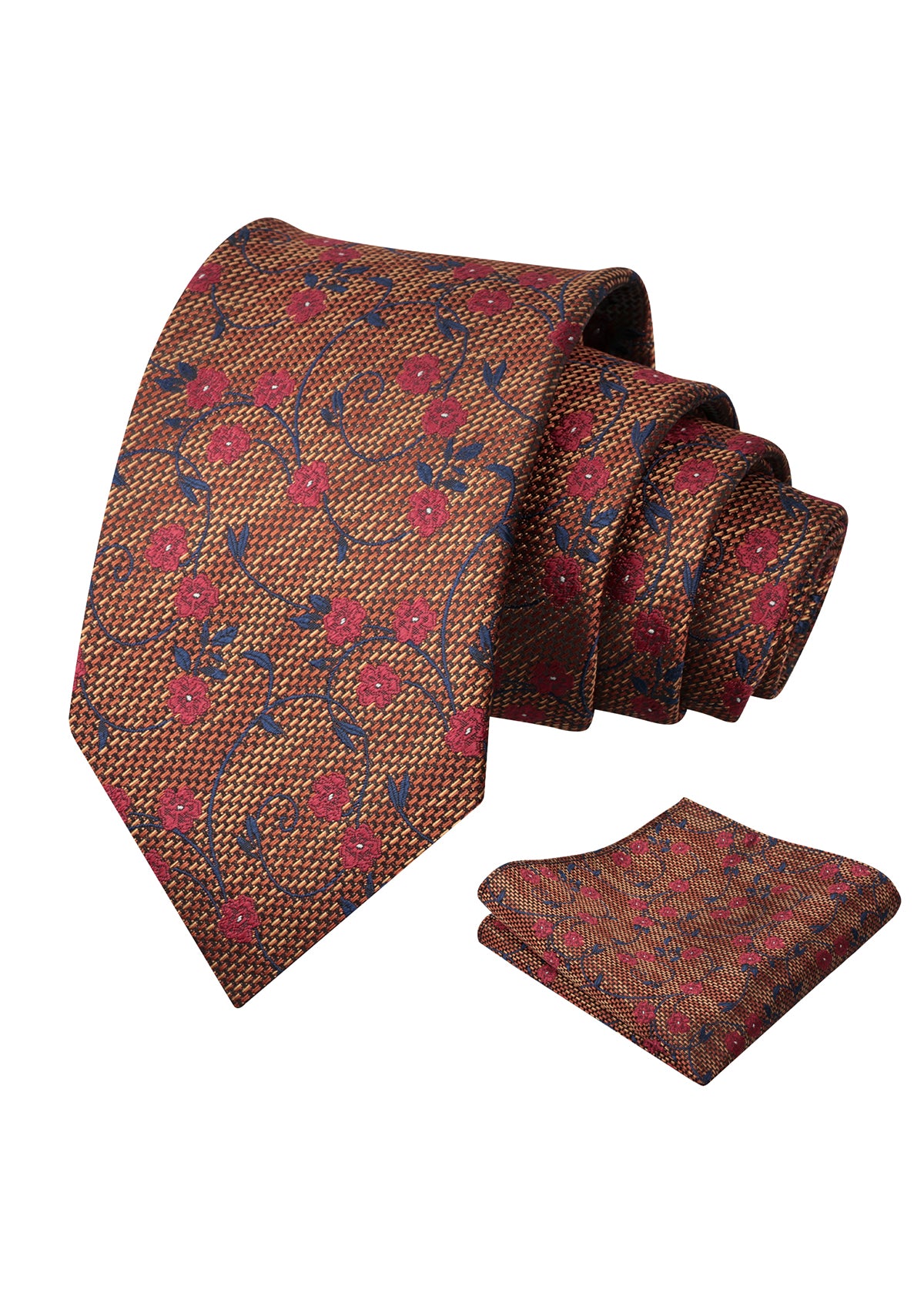 Mens Floral Tie Set 3.15 Inch with Textured Vine Pattern and Pocket Square-931
