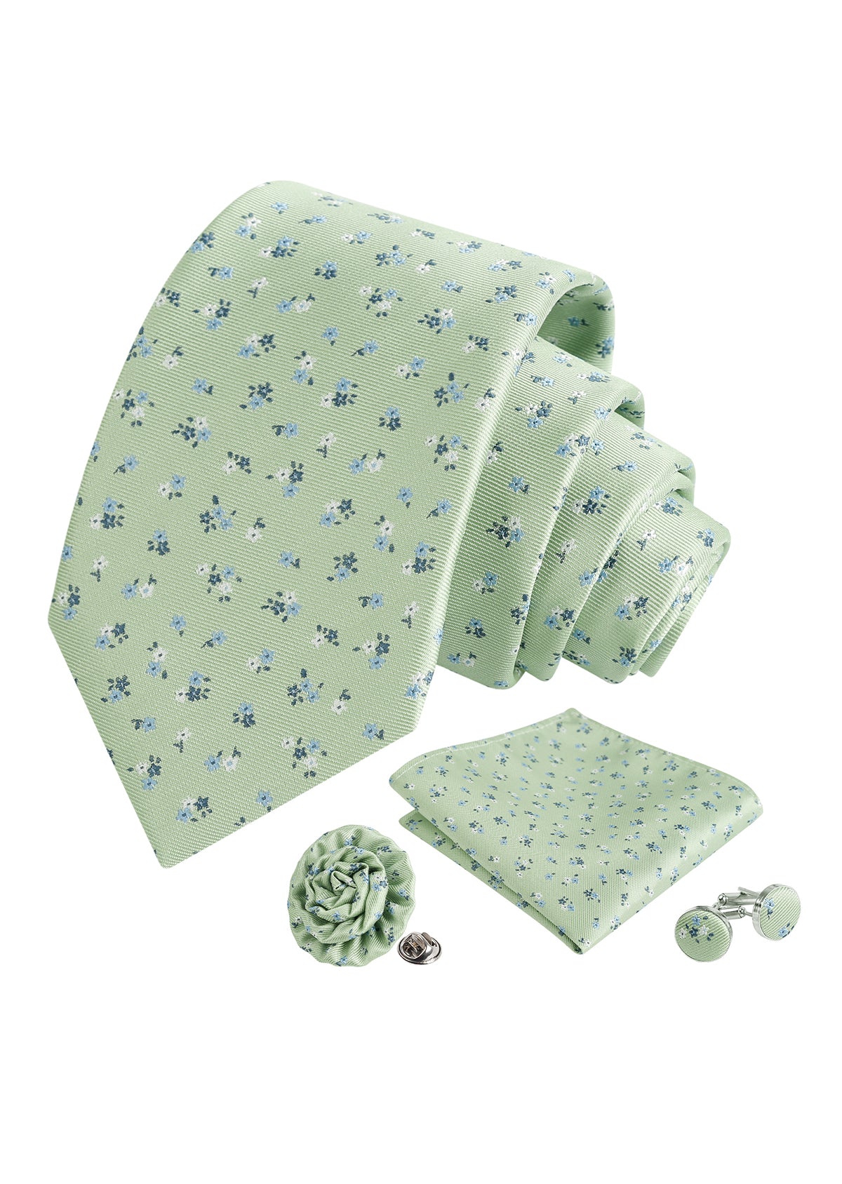 Mens 4pcs Ditsy Floral Pattern Necktie, Pocket Square, Cufflinks and Boutonniere Set-958