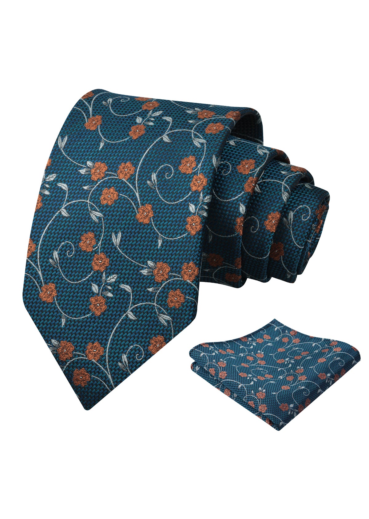 Mens Floral Tie Set 3.15 Inch with Textured Vine Pattern and Pocket Square-931