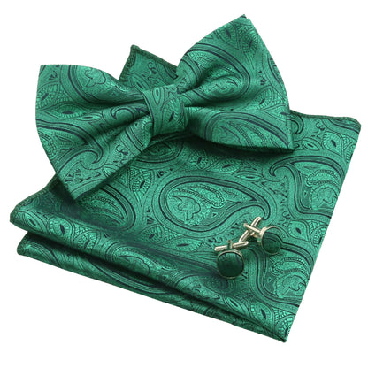 Alizeal Men's Solid Paisley Pre-tied Bow Tie, Hanky and Cufflinks Set, 010