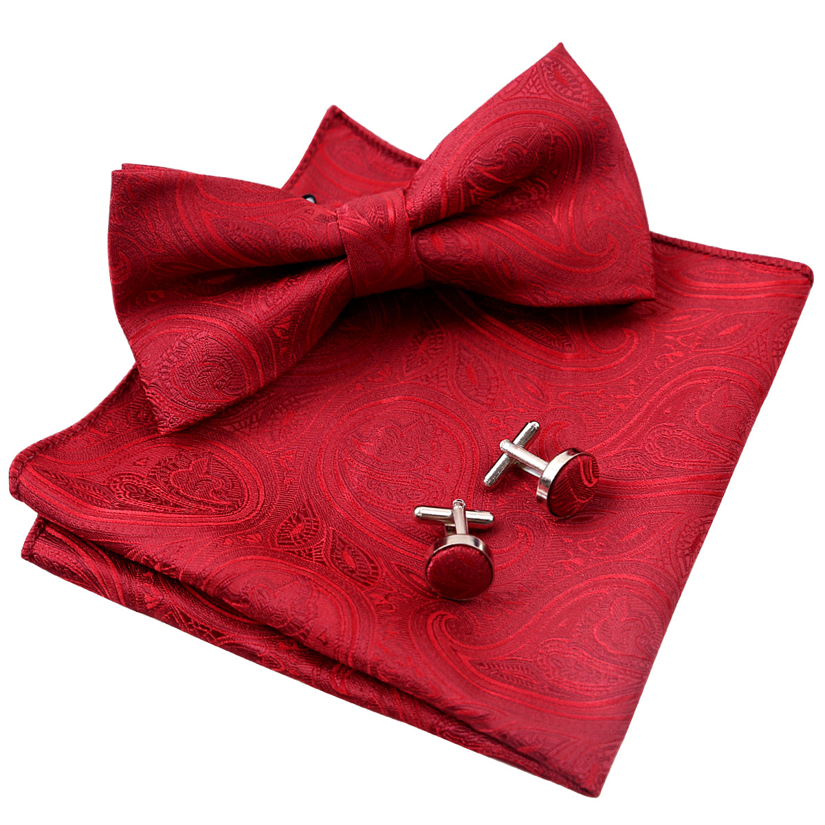 Alizeal Men's Solid Paisley Pre-tied Bow Tie, Hanky and Cufflinks Set, 010