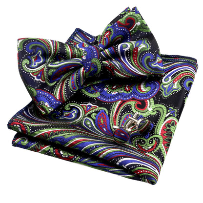 Men's Multi-color Floral Pre-tied Bow Tie, Pocket Square and Cufflinks Set, 011