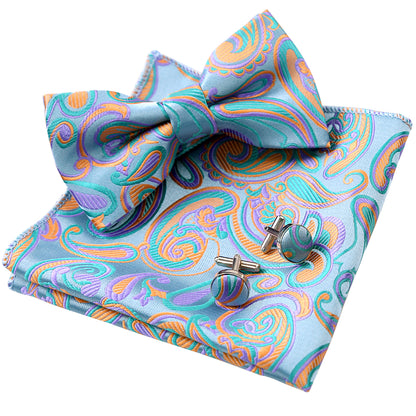 Men's Floral Paisley Pre-tied Bow Tie, Hanky and Cufflinks Set, 018