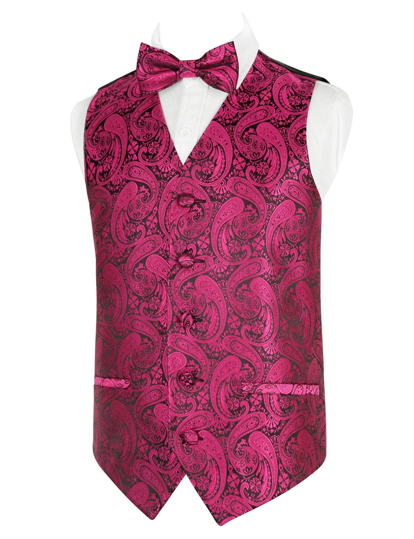 Boy's Paisley Jacquard Pre-Tied Bow Tie with Classic Floral Dress Suit Vest Set, 077-Black+Hot Pink