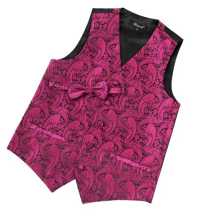 Boy's Paisley Jacquard Pre-Tied Bow Tie with Classic Floral Dress Suit Vest Set, 077-Black+Hot Pink