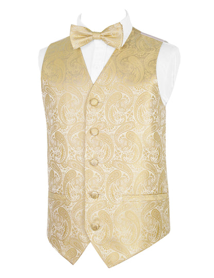 Boy's Paisley Jacquard Pre-Tied Bow Tie with Classic Floral Dress Suit Vest Set, 077-Champagne