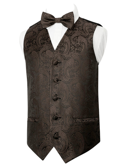 Boy's Paisley Jacquard Pre-Tied Bow Tie with Classic Floral Dress Suit Vest Set, 077-Coffee
