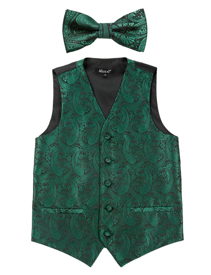 Boy's Paisley Jacquard Pre-Tied Bow Tie with Classic Floral Dress Suit Vest Set, 077-Dark Green