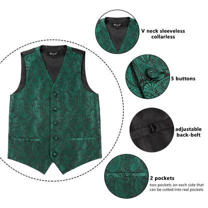 Boy's Paisley Jacquard Pre-Tied Bow Tie with Classic Floral Dress Suit Vest Set, 077-Dark Green