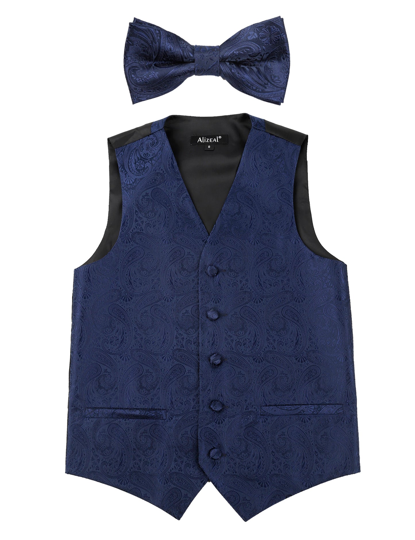 Boy's Paisley Jacquard Pre-Tied Bow Tie with Classic Floral Dress Suit Vest Set, 077-Dark Navy