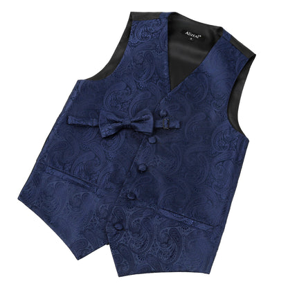 Boy's Paisley Jacquard Pre-Tied Bow Tie with Classic Floral Dress Suit Vest Set, 077-Dark Navy