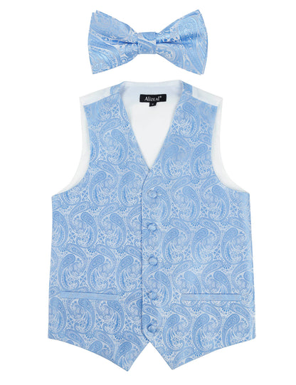 Boy's Paisley Jacquard Pre-Tied Bow Tie with Classic Floral Dress Suit Vest Set, 077-Light Blue