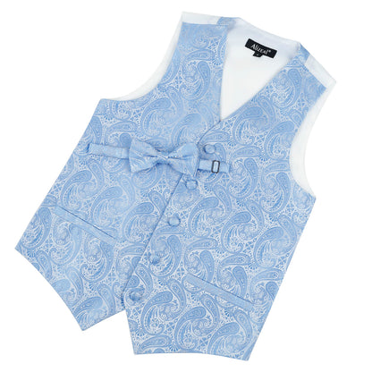 Boy's Paisley Jacquard Pre-Tied Bow Tie with Classic Floral Dress Suit Vest Set, 077-Light Blue