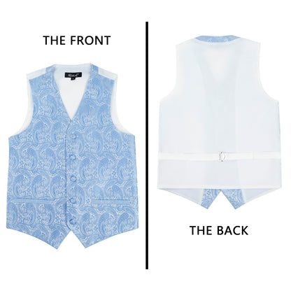 Boy's Paisley Jacquard Pre-Tied Bow Tie with Classic Floral Dress Suit Vest Set, 077-Light Blue