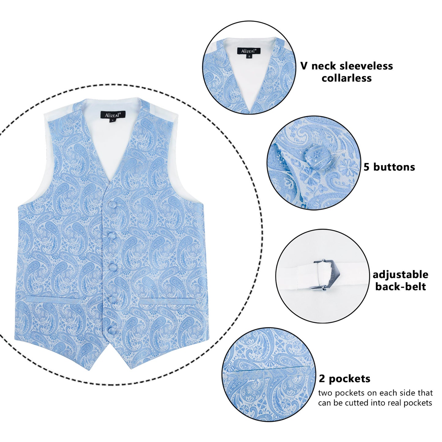 Boy's Paisley Jacquard Pre-Tied Bow Tie with Classic Floral Dress Suit Vest Set, 077-Light Blue