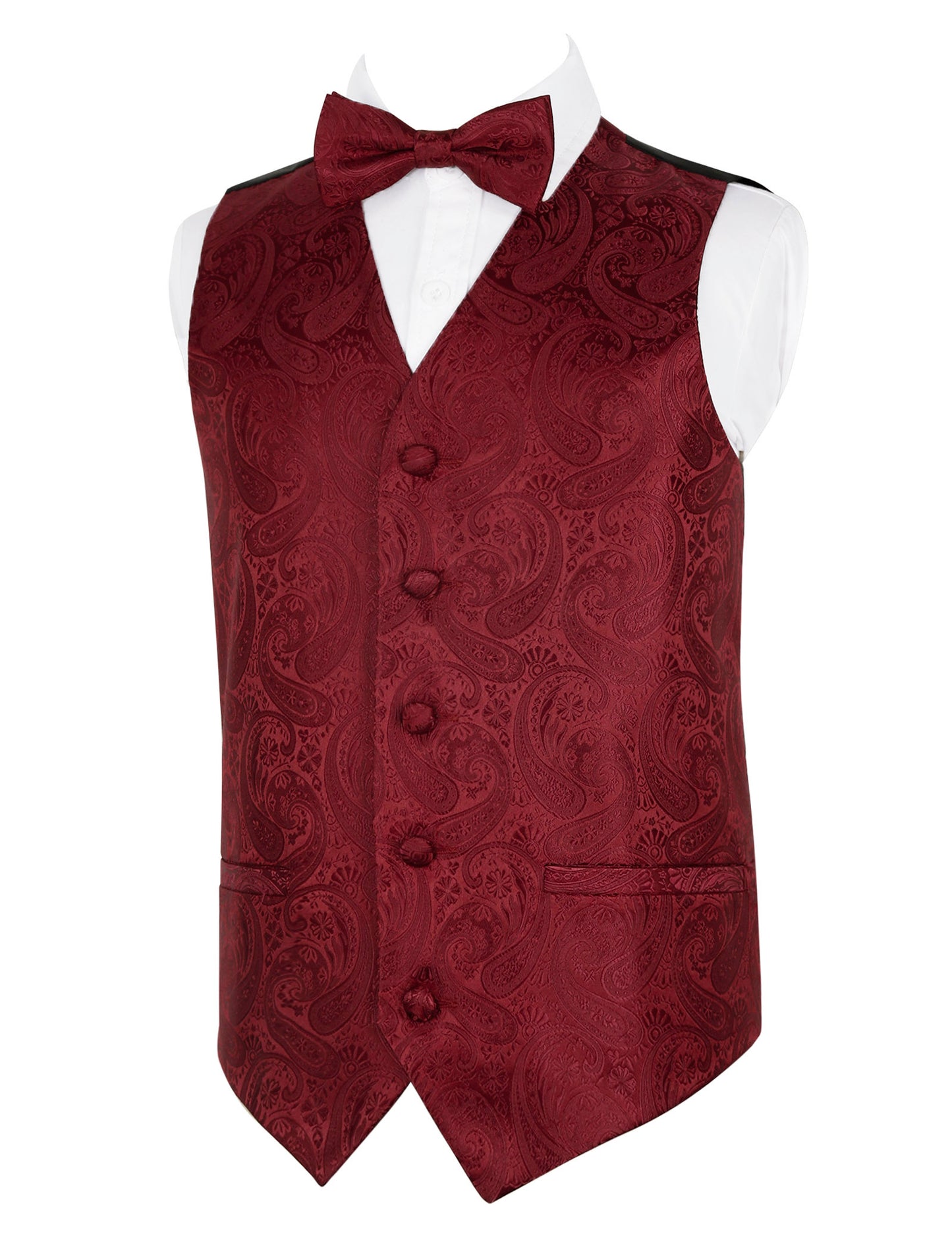Boy's Paisley Jacquard Pre-Tied Bow Tie with Classic Floral Dress Suit Vest Set, 077-Maroon