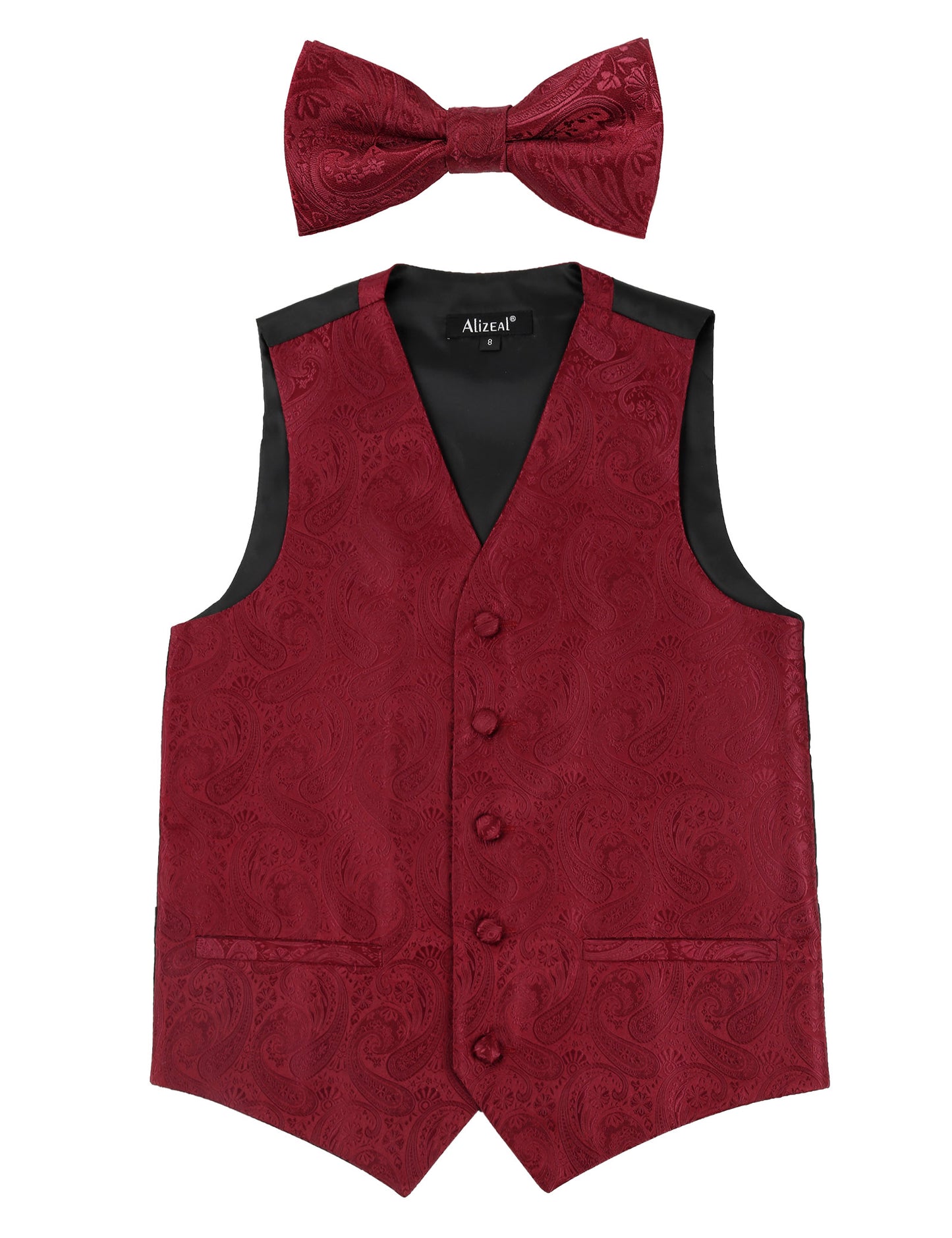 Boy's Paisley Jacquard Pre-Tied Bow Tie with Classic Floral Dress Suit Vest Set, 077-Maroon
