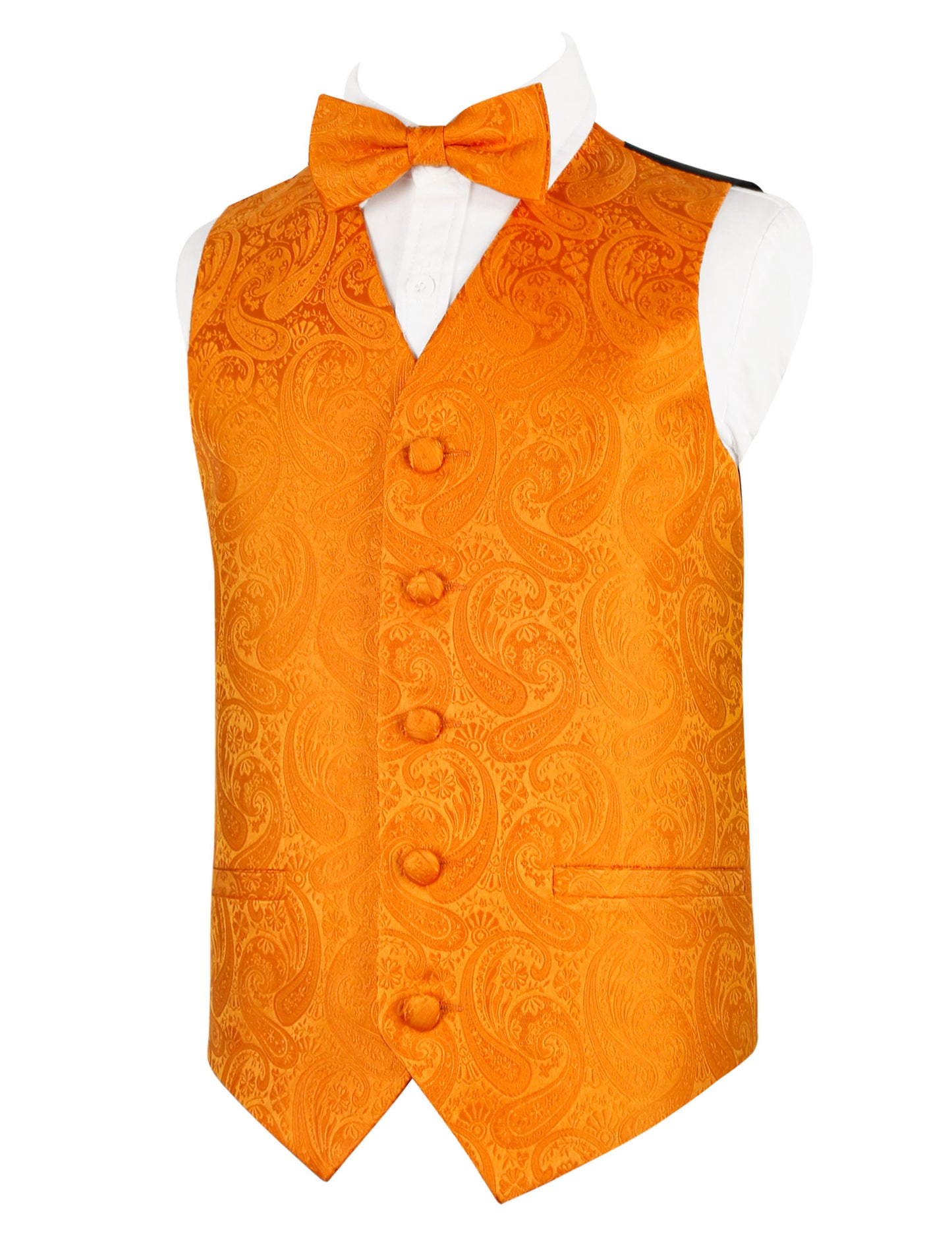 Boy's Paisley Jacquard Pre-Tied Bow Tie with Classic Floral Dress Suit Vest Set, 077-Orange