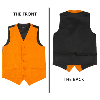 Boy's Paisley Jacquard Pre-Tied Bow Tie with Classic Floral Dress Suit Vest Set, 077-Orange