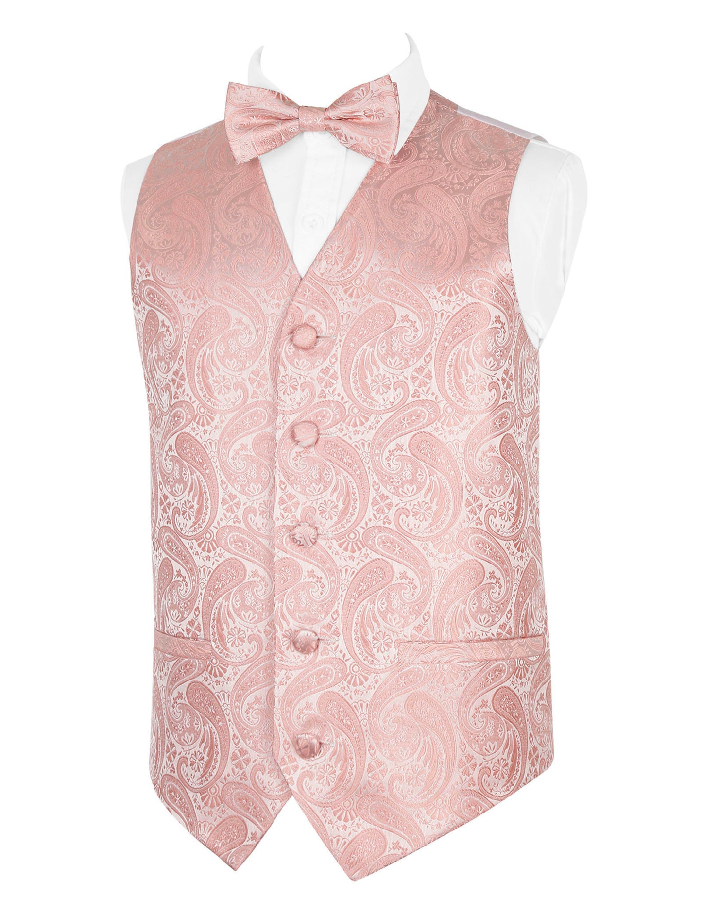 Boy's Paisley Jacquard Pre-Tied Bow Tie with Classic Floral Dress Suit Vest Set, 077-Pink