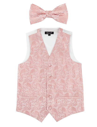 Boy's Paisley Jacquard Pre-Tied Bow Tie with Classic Floral Dress Suit Vest Set, 077-Pink
