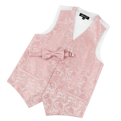 Boy's Paisley Jacquard Pre-Tied Bow Tie with Classic Floral Dress Suit Vest Set, 077-Pink