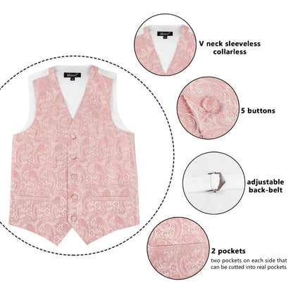 Boy's Paisley Jacquard Pre-Tied Bow Tie with Classic Floral Dress Suit Vest Set, 077-Pink