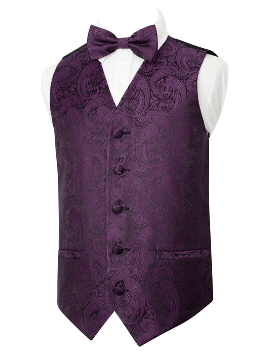 Boy's Paisley Jacquard Pre-Tied Bow Tie with Classic Floral Dress Suit Vest Set, 077-Plum Purple