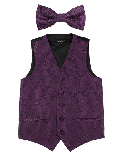 Boy's Paisley Jacquard Pre-Tied Bow Tie with Classic Floral Dress Suit Vest Set, 077-Plum Purple
