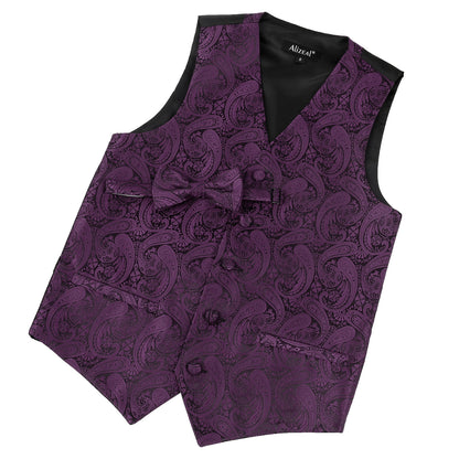 Boy's Paisley Jacquard Pre-Tied Bow Tie with Classic Floral Dress Suit Vest Set, 077-Plum Purple