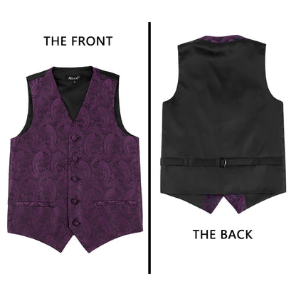 Boy's Paisley Jacquard Pre-Tied Bow Tie with Classic Floral Dress Suit Vest Set, 077-Plum Purple