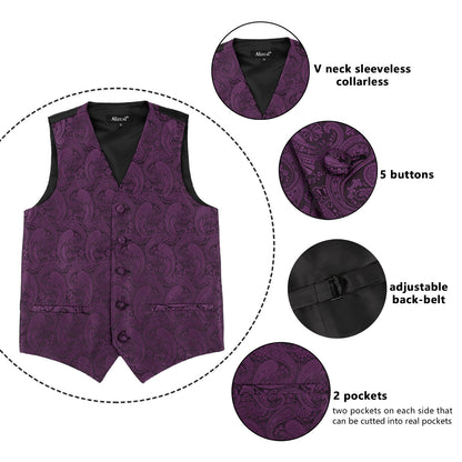 Boy's Paisley Jacquard Pre-Tied Bow Tie with Classic Floral Dress Suit Vest Set, 077-Plum Purple