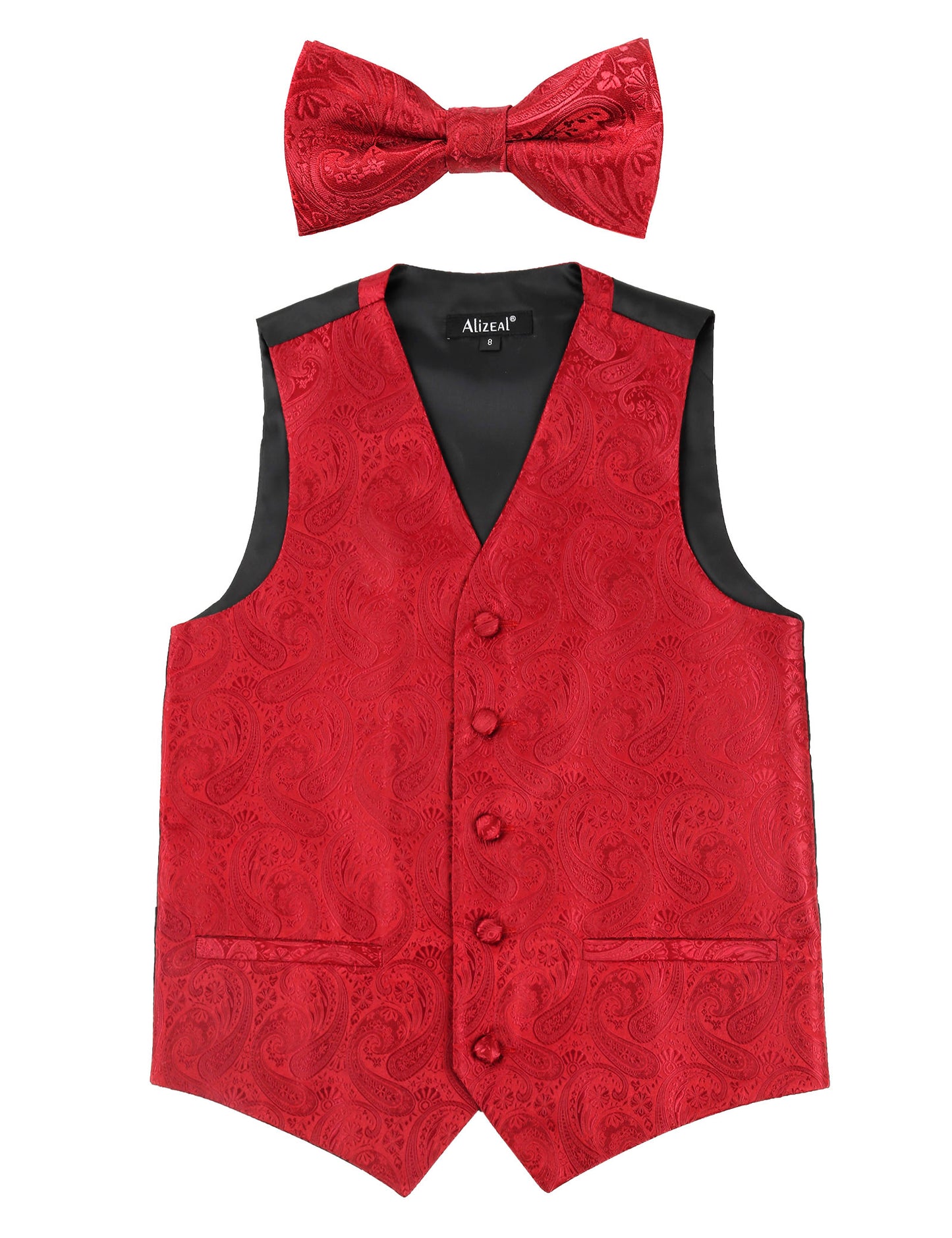 Boy's Paisley Jacquard Pre-Tied Bow Tie with Classic Floral Dress Suit Vest Set, 077-Red