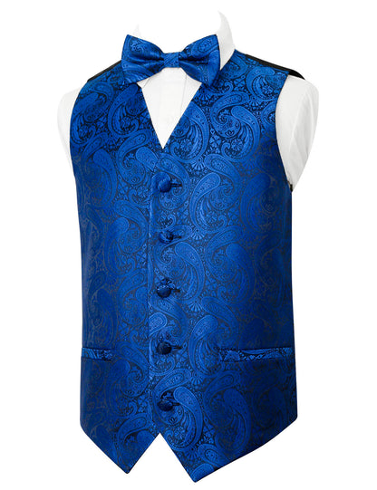 Boy's Paisley Jacquard Pre-Tied Bow Tie with Classic Floral Dress Suit Vest Set, 077-Royal Blue