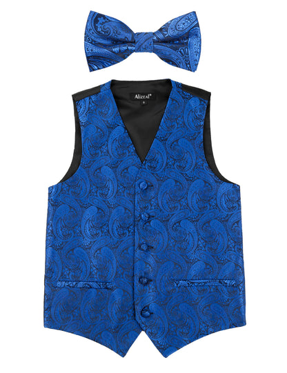 Boy's Paisley Jacquard Pre-Tied Bow Tie with Classic Floral Dress Suit Vest Set, 077-Royal Blue
